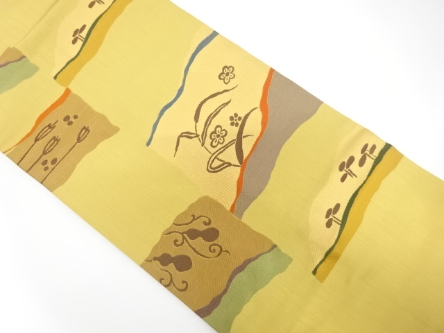 草花に瓢箪・矢羽根模様織り出し　名古屋帯